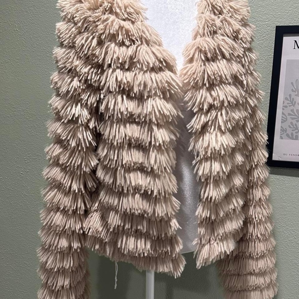 Fur Jacket Boho Style Fringe Jacket Beige Cream color woman's Large